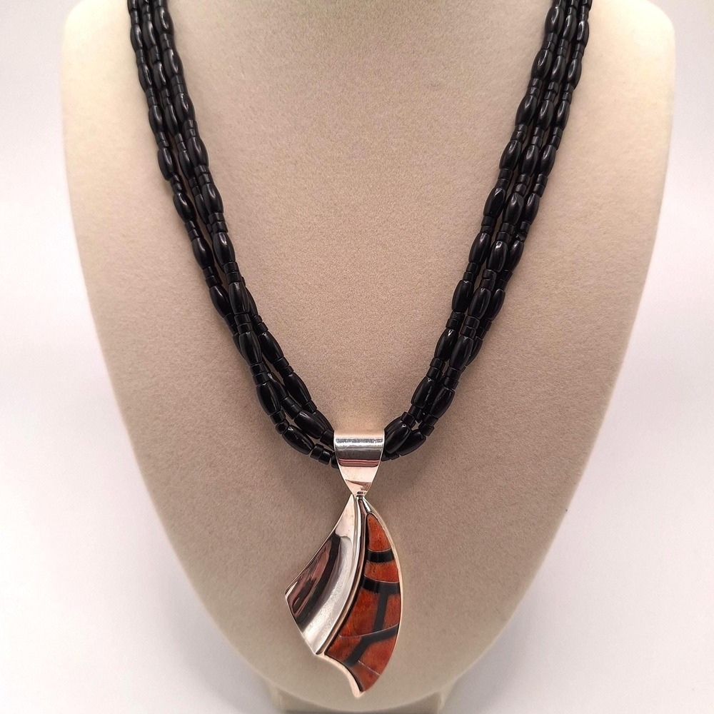 Jay King black and orange coral necklace pendant statement in sterling silver